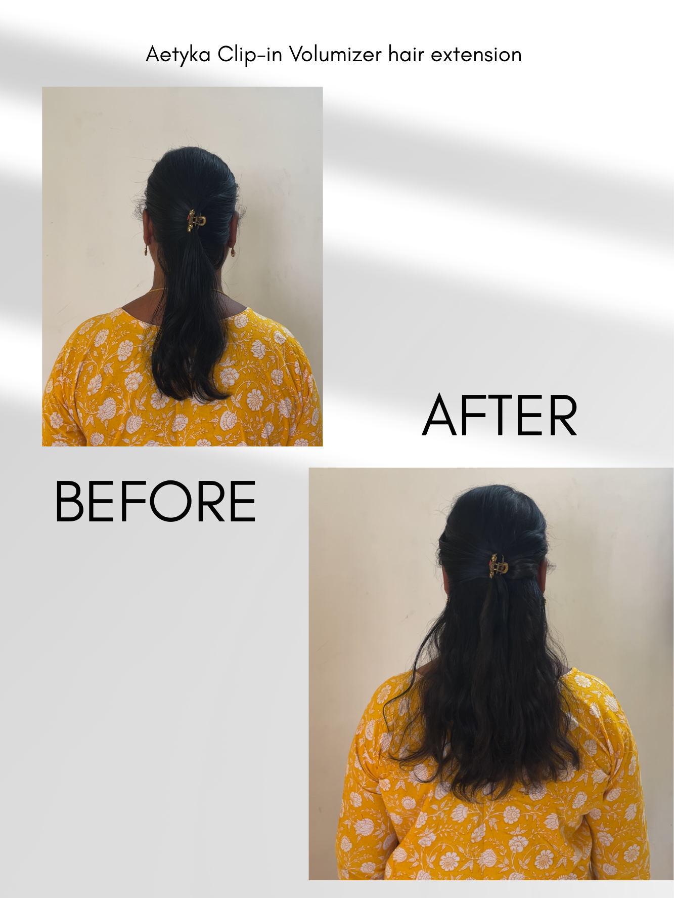 Before and after comparison of Aetyka Clip-in Volumizer hair extension 